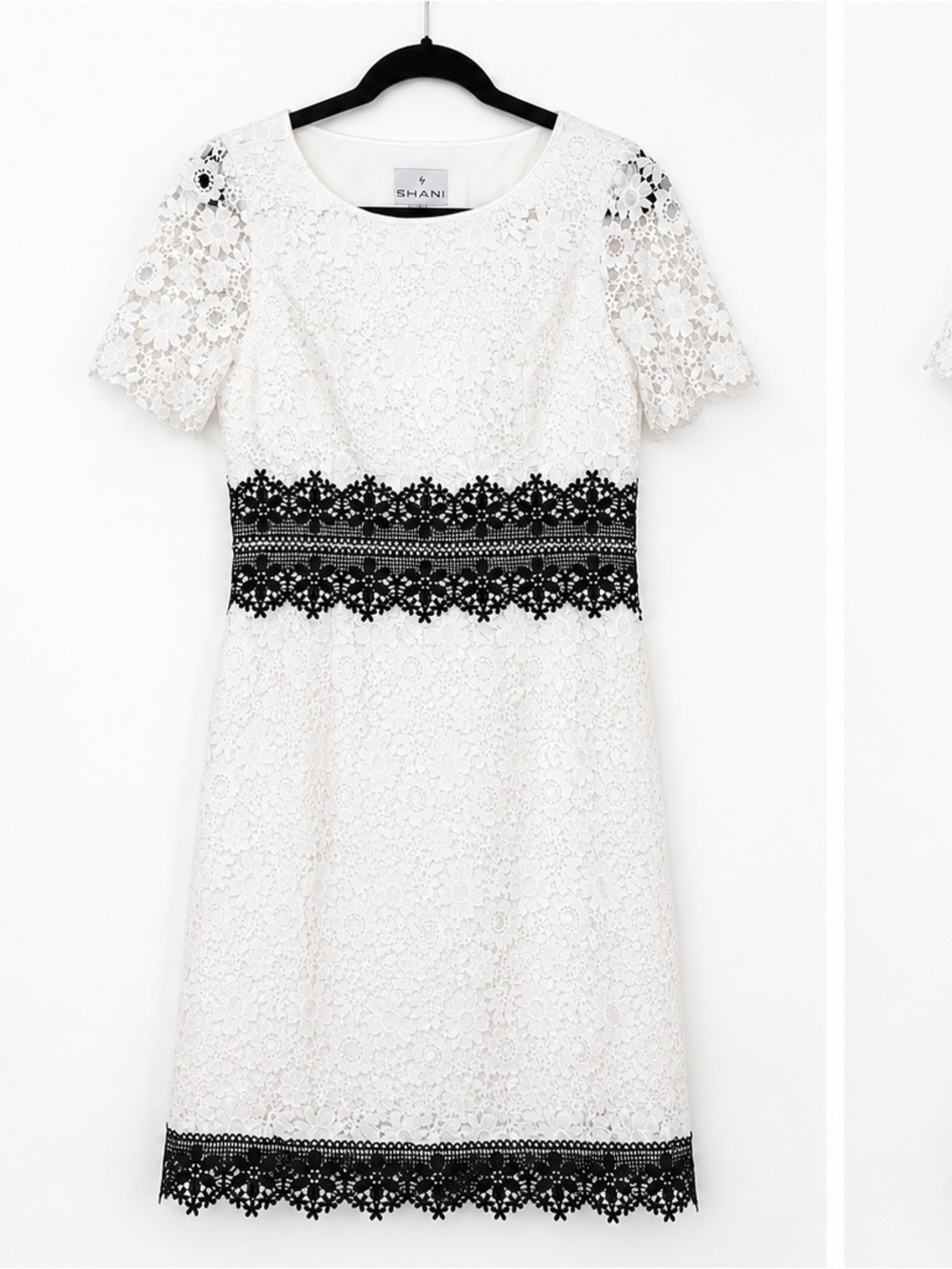 SHAN White Lace Mini Dress with Black Waist and Hem Lace